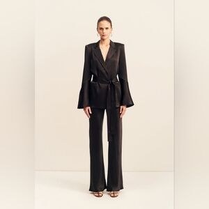 Shona Joy La Lune Flared belted Black Satin Pantsuit 2